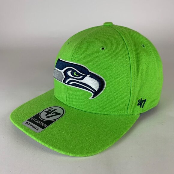 Seattle Seahawks NFL Volt Green 47 Brand Captain Strapback Adjustable Hat New - Picture 1 of 7